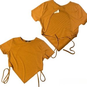 Mustard Asymmetrical Hem Backless Shirt